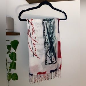 Postage themed thin scarf with tassels